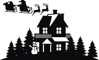 Black silhouette of Santa Claus in a sleigh pulled by reindeer flying over a snowy house and pine trees