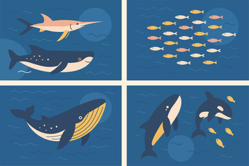 Naklejka premium Four different pictures of ocean animals, including a whale, a swordfish