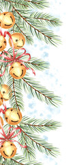 Christmas round jingle bells with bow and spruce branches, watercolor seamless border for festive desing. Hand drawn isolated illustration of metalic balls and pine for winter holiday card, textile.