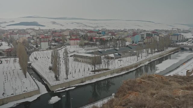 Snow-Covered Ardahan City and Kura River from Ardahan Castle