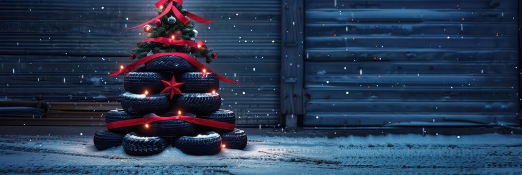 Creative christmas tree made from stacked car tires with festive decorations in winter snow scene. Horizontal banner. Copy space. Free space for text - Powered by Adobe