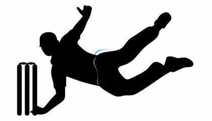 Dramatic silhouette of a cricketer making a diving save at the wicket, a vector graphic icon representing the sport's action