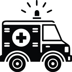 Simple black and white icon of an ambulance with a medical cross and flashing light