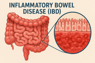 Medical illustration of painful inflammatory bowel disease IBD showing anatomy of human intestine. diagram detailing inflammation and damage of this digestive system disease