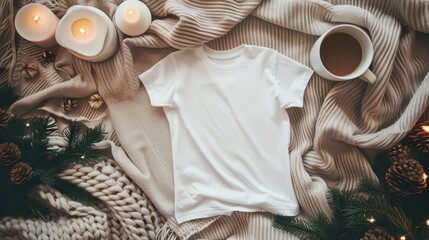 Cozy christmas and new year scene with t-shirt for design display. Flat lay. Template for a clothing store, shopping center, mall. Horizontal banner. Copy space. Top view