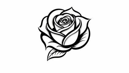 Elegant black and white rose vector illustration, a blooming flower with detailed petals and delicate leaves, perfect for graphic design elements, tattoo art, or decorative projects