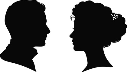 Wedding couple silhouette, bride and groom profile face, romantic man and woman head vector illustration, isolated on white background