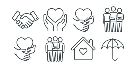 Outline icon set for care, partnership, and community: handshake, heart in hands, people, home and umbrella symbols. Vector