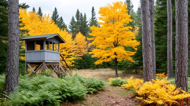 Hunting blind in colorful autumn forest with yellow leaves