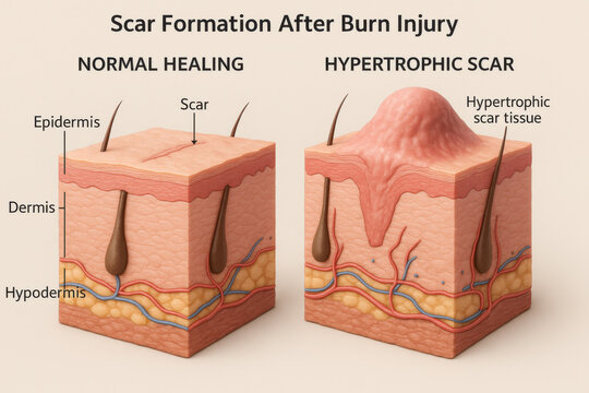 Medical diagram showing scar formation after burn injury. illustration details skin cross section comparing normal healing against concerning hypertrophic scar