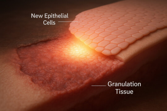 Biomedical illustration of skin regeneration shows hopeful wound healing process. New epithelial cell grows over granulation tissue on wound bed with glowing healing zone