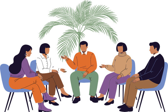 Diverse vector illustration of a small support group sitting in a circle, engaged in an open, honest discussion about mental health, counseling, psychological assistance, and community well-being in a - Powered by Adobe
