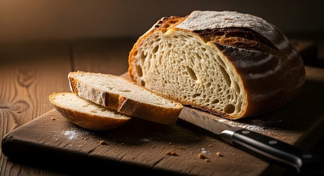 A loaf of freshly baked bread is sliced on a wooden cutting board with a knife.