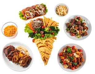 A variety of Mexican dishes including tacos, salads, and side dishes arranged in a circular pattern on a white background