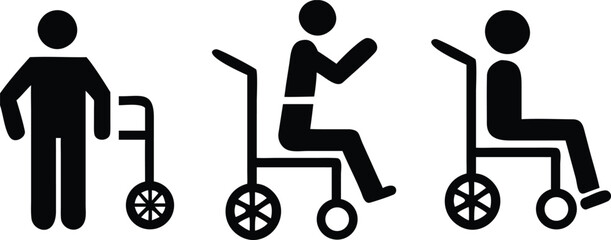 Three silhouette figures representing mobility assistance devices and accessibility needs