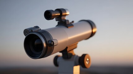A detailed silver telescope on its mount illuminated by the warm glow of dawn