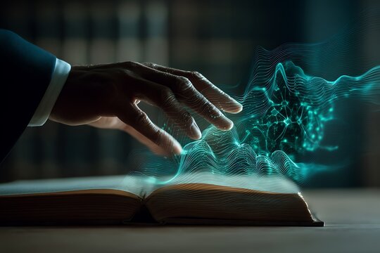 Futuristic Digital Data Visualization Hand Hovering Over Open Book in Dark Environment