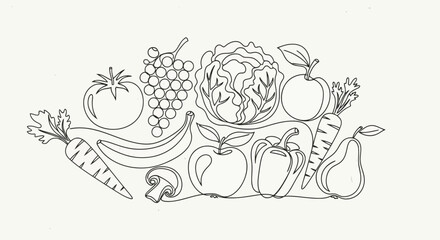 Vector illustration of healthy food concept with a variety of fruits and vegetables in line art