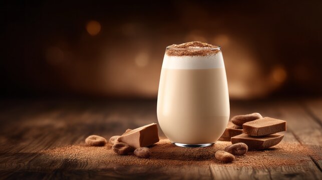 Savor the rich blend of creamy whipped topping and cocoa powder elegantly served in a glass. This delightful drink invites warmth and comfort in a rustic setting