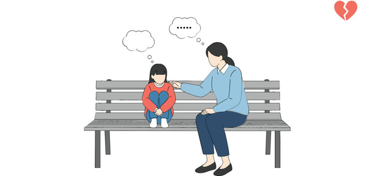 Simple vector illustration of a worried little girl being comforted by a mother or counselor on a bench, symbolizing family support, emotional distress, and mental health awareness and communication.