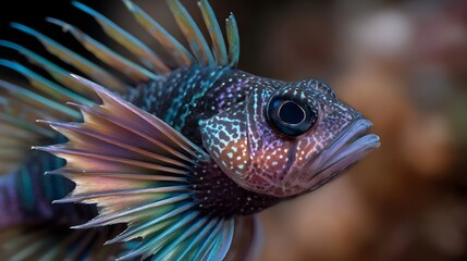 Obraz premium A vibrant detailed close up portrait of a small colorful marine fish with intricate fins swimming underwater