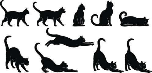 Collection of black cat silhouettes in various poses
