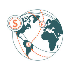 Global money transfers connecting different currencies and economies across continents