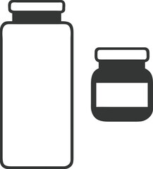 Two simple black and white silhouette icons of bottles and jars with blank labels for branding