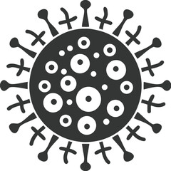 Stylized dark silhouette of a virus with spikes and internal circles representing particles