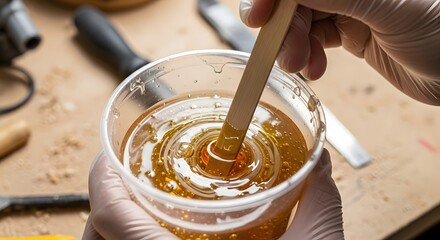 Close-up of a person wearing gloves mixing amber-colored epoxy resin in a plastic cup with a wooden stick.
