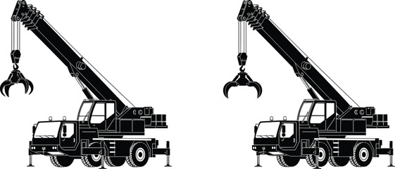 Mobile crane truck vector set, hydraulic arm, grapple attachment, construction equipment, black and white illustration, heavy machinery, industrial lifting vehicle, flavector ©  FIROZ
