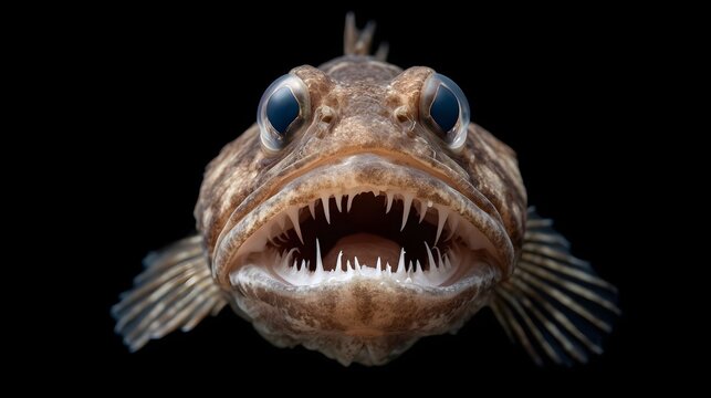 A dramatic close up portrait of a fearsome fish with sharp teeth and large eyes against a stark black background