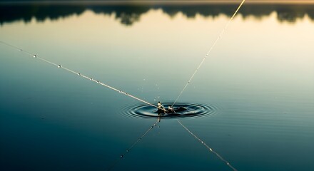 Fishing lines with water drops and ripples on a serene lake during sunrise.