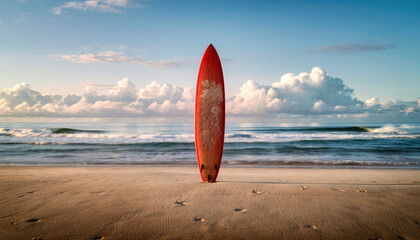Surfboard standing tall on sandy beach with gentle waves and dreamy clouds beckoning adventure, perfect for travel blog or coastal getaway promotion