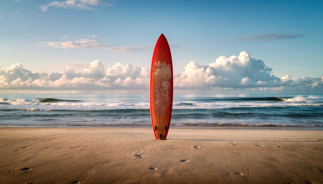 Surfboard standing tall on sandy beach with gentle waves and dreamy clouds beckoning adventure, perfect for travel blog or coastal getaway promotion