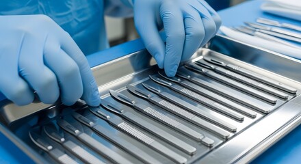 Close-up view of gloved hands arranging surgical instruments in a tray for a medical procedure.