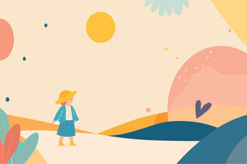 Abstract flat vector illustration of a small child standing outdoors under a dreamy pastel sky.