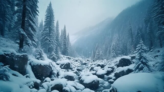 Serene winter landscape of a snow-covered forest valley with frozen rocks and evergreen trees during a cold, overcast day