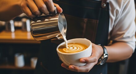 A barista is pouring milk into a cup of coffee to make latte art.