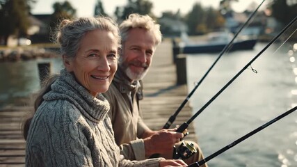 Senior couple fishing on dock. Smiling partners watch calm water. Rods rest by wooden pier. Peaceful retirement activity outdoors. Morning light warms content faces.