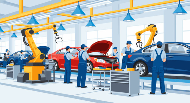 Automated car manufacturing process with robotic machinery and technicians on the vehicle production line inside a modern factory. 3D-like vector