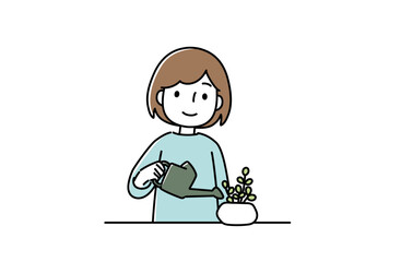 植物に水をあげる女性のイラスト