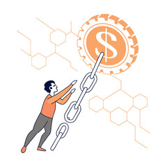 Man Climbing Chain to Dollar Coin Representing Financial Growth and Blockchain Technology in Business Concept