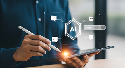User interacting with ai prompt interface on a digital tablet, showcasing future technology and machine learning innovation.