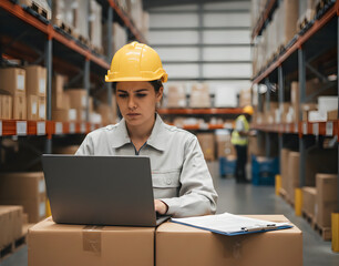 Warehouse staff completes documentation using clipboard and laptop near shipments.