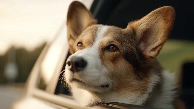 Happy corgi dog with floppy ears enjoying a scenic drive with wind in fur while looking out of car window during golden hour in nature setting 4k video footage