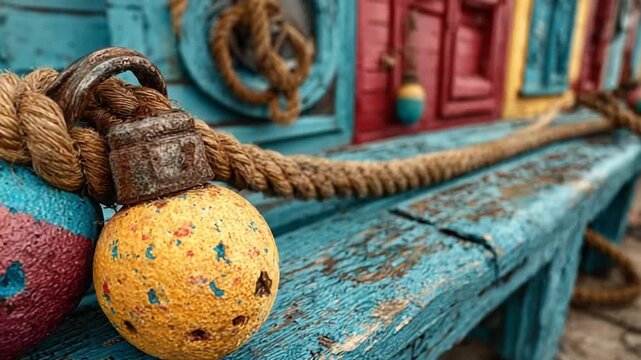 Colorful nautical decor with ropes and buoy balls