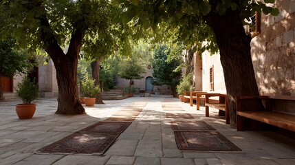 Fototapeta premium Serene sunlit courtyard with ancient trees and prayer mats