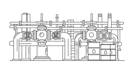 Detailed line drawing of industrial piping system with valves and gauges