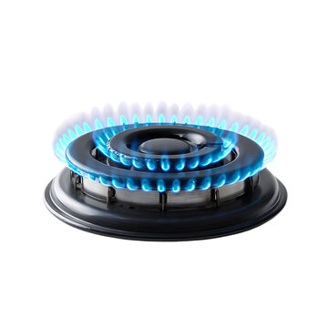 Gas stove burner with blue flame isolated transparent background closeup